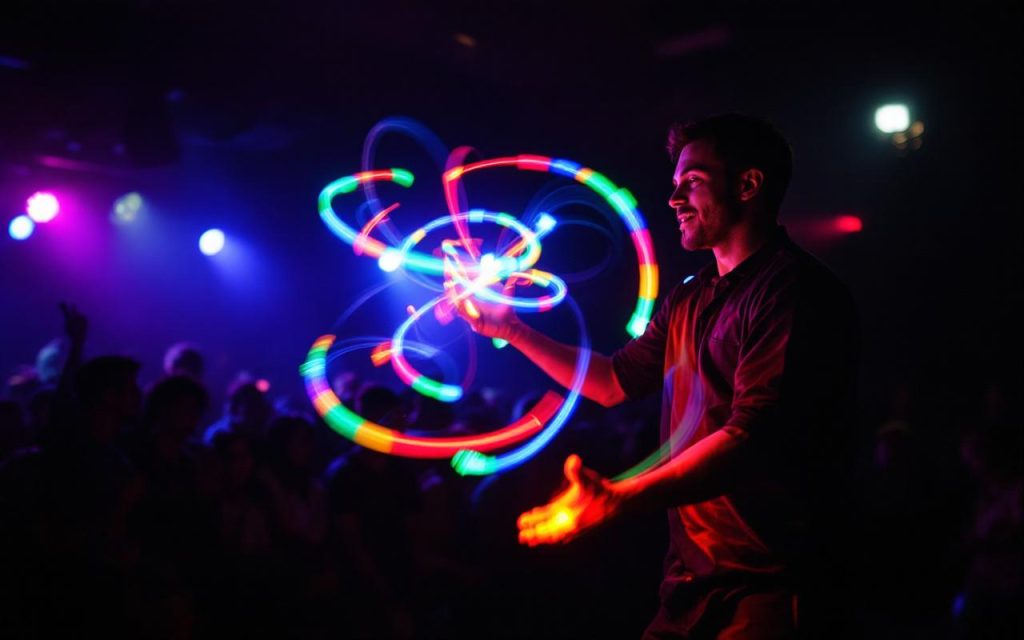 Un jongleur de LED performe dans la nuit, les couleurs vives des lumières LED contrastent avec l'obscurité, créant une atmosphère captivante et dynamique.