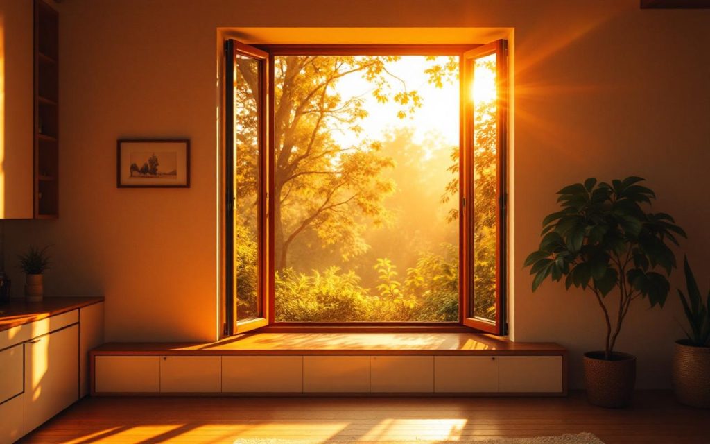 Une image d'un cadre de fenêtre en bois dans une maison moderne, laissant passer la lumière naturelle et offrant une vue sur un extérieur verdoyant, avec un design intérieur contemporain et des ombres douces.