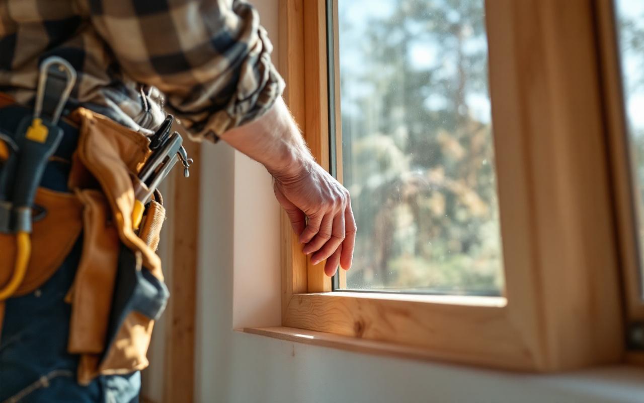 Un menuisier installe un cadre de fenêtre en bois sur mesure dans une maison moderne, la lumière naturelle chaude traverse le vitrage, on voit le grain du bois, les outils et des mains précises.
