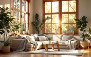 Salon lumineux avec grandes fenêtres à cadres en bois, canapé douillet, coussins et plaids, plantes en pot et textures chaleureuses en bois et beige, lumière douce et volumétrique traversant la pièce.