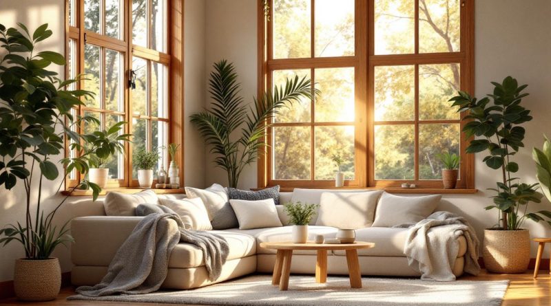 Salon lumineux avec grandes fenêtres à cadres en bois, canapé douillet, coussins et plaids, plantes en pot et textures chaleureuses en bois et beige, lumière douce et volumétrique traversant la pièce.