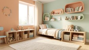Chambre d’enfant lumineuse avec rangements bas, tapis doux, mobilier en bois clair et décoration aux tons pastel.