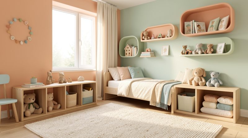 Chambre d’enfant lumineuse avec rangements bas, tapis doux, mobilier en bois clair et décoration aux tons pastel.