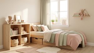 Chambre d’enfant lumineuse et évolutive avec mobilier en bois clair, rangements bas, textiles doux et décoration pastel.