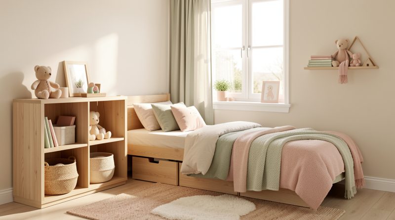 Chambre d’enfant lumineuse et évolutive avec mobilier en bois clair, rangements bas, textiles doux et décoration pastel.