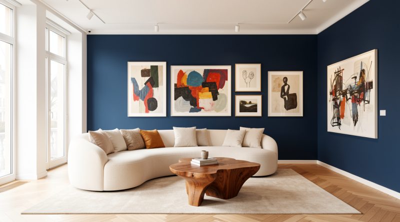 Salon artistique lumineux avec un canapé arrondi crème, un mur bleu profond, une table basse sculpturale en bois et des œuvres abstraites encadrées, éclairé par une lumière naturelle douce.