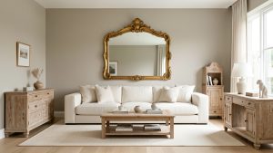 Salon contemporain lumineux aux murs greige, avec un canapé crème, un grand miroir ancien doré et du mobilier en bois patiné.