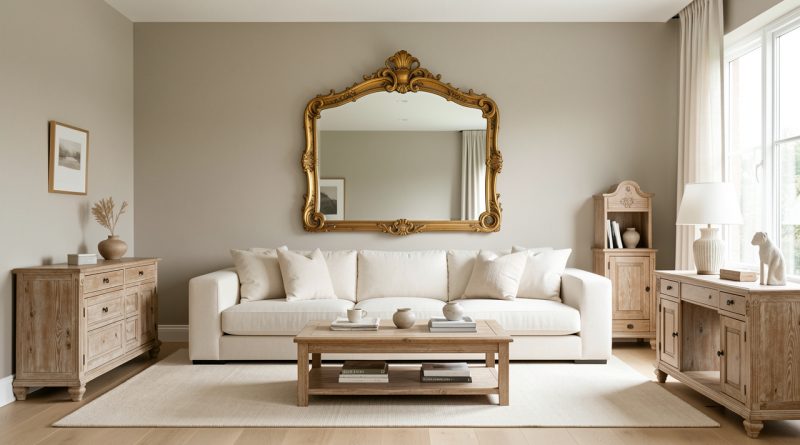 Salon contemporain lumineux aux murs greige, avec un canapé crème, un grand miroir ancien doré et du mobilier en bois patiné.