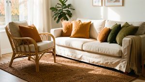 Salon lumineux aux couleurs d’automne avec un fauteuil en rotin naturel, un canapé en lin écru, des coussins ocre et vert olive, un tapis brun texturé et une lumière douce de fin d’après-midi.