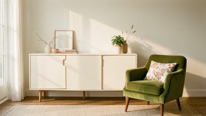 Salon lumineux rétro contemporain avec un buffet en Formica crème, un fauteuil en velours vert mousse, un coussin fleuri et des murs blanc cassé baignés par une douce lumière de fin d’après-midi.