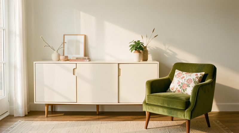 Salon lumineux rétro contemporain avec un buffet en Formica crème, un fauteuil en velours vert mousse, un coussin fleuri et des murs blanc cassé baignés par une douce lumière de fin d’après-midi.