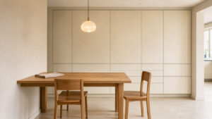 Cuisine ouverte lumineuse avec table murale basse en chêne clair, deux chaises en bois, façades crème mates et suspension en verre opalin.
