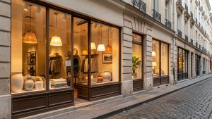 Rue parisienne du Marais bordée de boutiques de décoration, avec luminaires chaleureux, céramiques et textiles visibles derrière les vitrines.