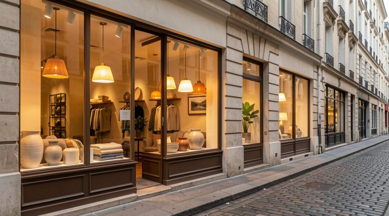 Rue parisienne du Marais bordée de boutiques de décoration, avec luminaires chaleureux, céramiques et textiles visibles derrière les vitrines.