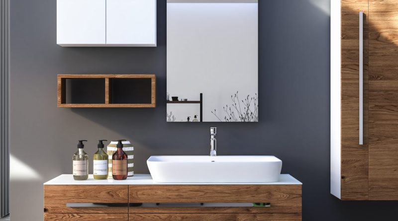Salle de bains contemporaine avec meuble vasque et robinetterie élégante.