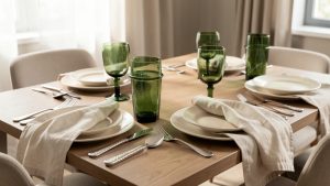 Table de salle à manger contemporaine dressée avec des couverts en acier martelé satiné, des assiettes ivoire, des verres soufflés vert bouteille et des serviettes en lin écru, dans une lumière douce.
